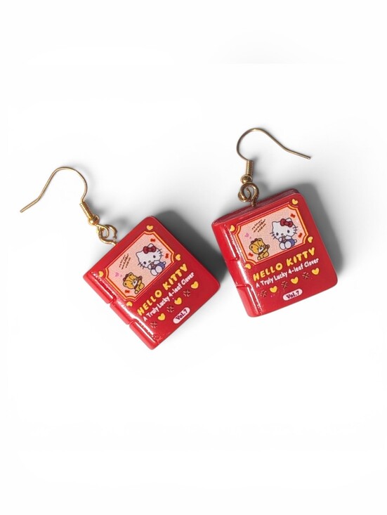 Hello Kitty Jewelry - Handmade Hello Kitty Red Book Charm Earrings with Gold Hooks